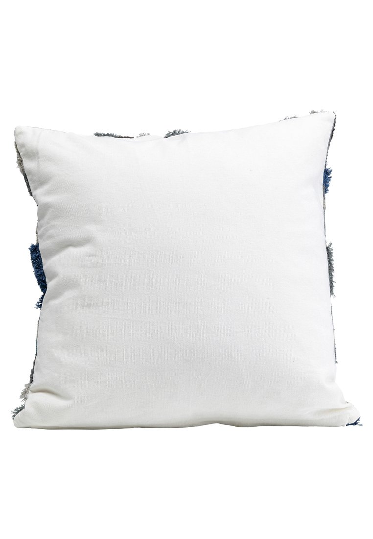 Weißes Dekokissen mit strukturierten blauen Fransenakzenten auf zwei Seiten. Quadratische Form, gefertigt aus weichem Stoff mit glatter Oberfläche.