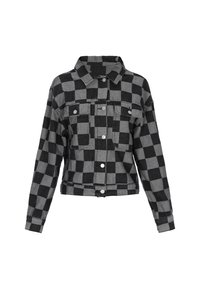 Svart och grå rutig denimjacka med spetsig krage, bröstfickor och tryckknappsstängning. Kort design med långa ärmar.