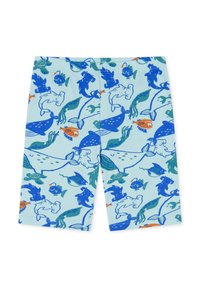 Pantaloni corti azzurri chiari con un motivo a tema marino che presenta vari animali marini in tonalità di verde, blu e arancione. Tessuto morbido, vita elastica.