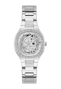 Montre en argent avec un cadran ajouré dévoilant le mouvement. Présente une lunette sertie de pierres précieuses et un bracelet en métal poli. Comprend des accents à maillons carrés.