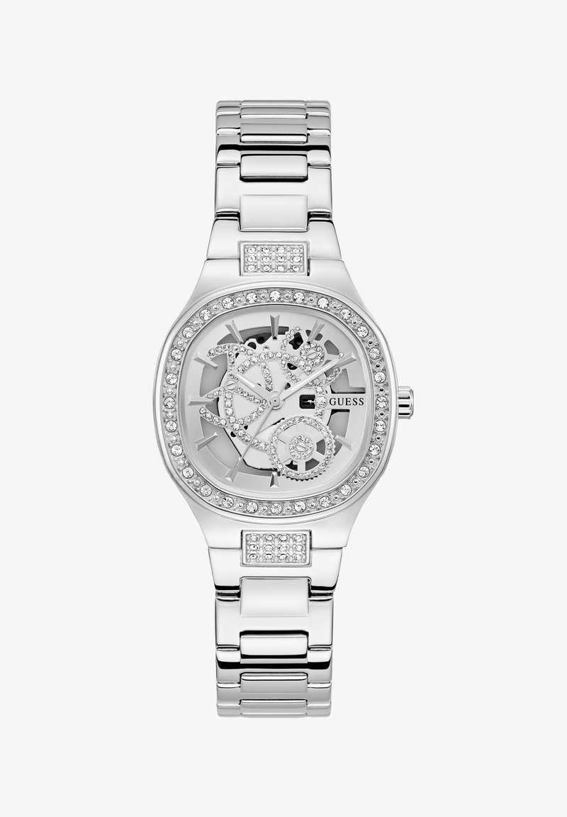 Silver watch with an openwork dial showcasing movement. Features a jeweled bezel and a polished metal band. Square link accents included.