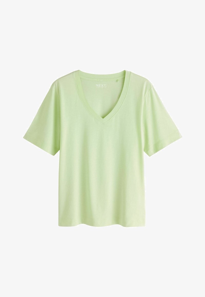 T-shirt en coton vert clair à manches courtes et col en V, présenté sur un fond blanc.