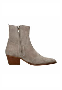 Grijze suède enkellaars met een spitse neus, rits aan de zijkant en een gestapeld houten hak. Kenmerkt zich door minimale stiksels en een gladde textuur.