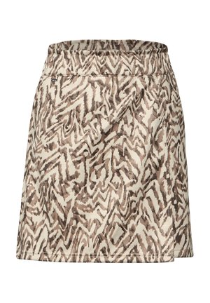 Jupe à motifs marron et beige en tissu doux, avec une taille élastique et une coupe droite, présentant un imprimé zigzag abstrait.