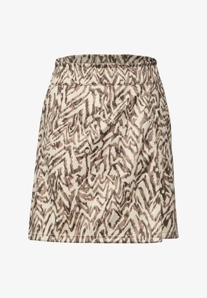 Gonna a righe marrone e beige realizzata in morbido tessuto, con vita elastica e design a taglio dritto, caratterizzata da una stampa astratta a zigzag.