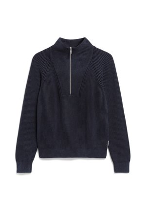 Navy blue ribbed knit sweater with long sleeves and a quarter-zip collar, featuring a structured yoke design on the front.