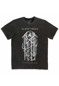 Black cotton t-shirt featuring a white graphic design with stylized text and an intricate pattern. Standard crew neck and relaxed fit.