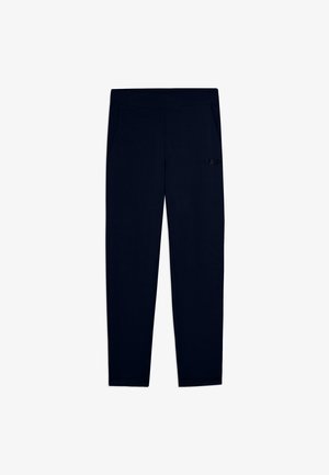 Pantaloni della tuta blu navy a gamba dritta con vita elasticizzata e tasche laterali, con un logo discreto sulla coscia destra.