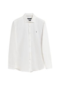 Camicia bianca a maniche lunghe in cotone con colletto a punta, chiusura con bottoni e un piccolo logo ricamato in navy sul petto.