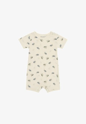 Tutina per neonati color crema con maniche corte, bottoni a pressione sul fondo e motivo di piccole tartarughe marine blu e grigie.