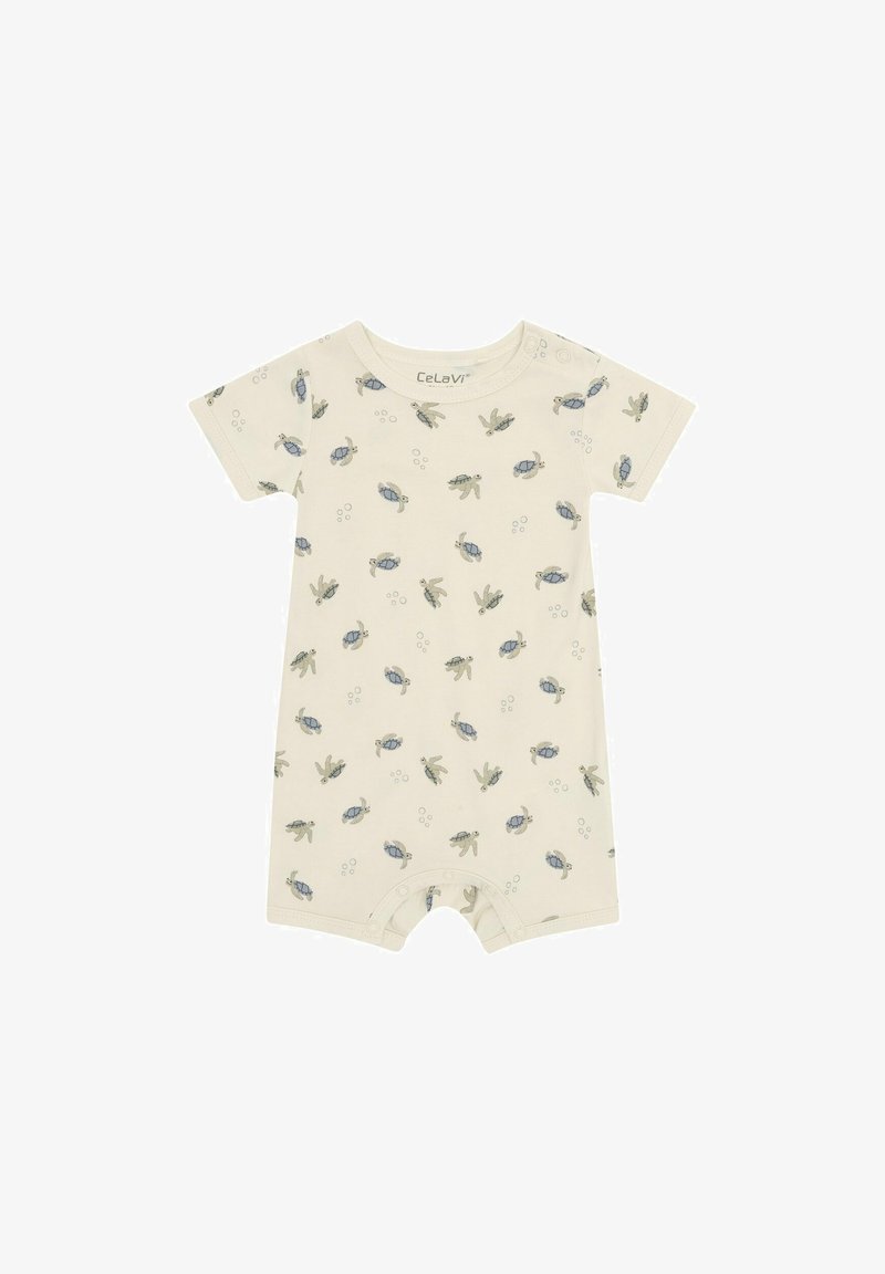 Combinaison pour bébé de couleur crème avec manches courtes, boutons-pression au bas et motif de petites tortues marines bleues et grises.