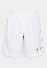 Vita atletiska shorts med ett elastiskt midjeband. Svart Nike-logga på den nedre vänstra sidan. Slät tyg med meshdetaljer för ventilation.