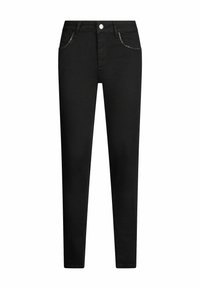 Pantalones vaqueros negros de denim, con corte ajustado, diseño de cinco bolsillos y cierre de botón plateado. Detalles de costura sutiles añaden textura.