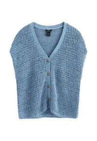 Ljusblå stickad cardigan med V-ringning, korta ärmar och framknäppning med tre knappar i ett strukturerat mönster.