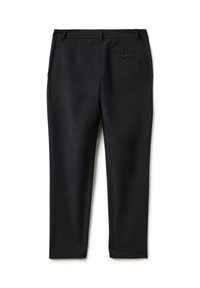 Pantaloni neri su misura realizzati in tessuto liscio. Presentano gambe dritte, una tasca posteriore con bottone e una vita rifinita con cura.