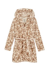 Fleece badjas met een capuchon, voorzien van een bloemenpatroon in tan en room, een strikceintuur en twee voorzakken. Zachte textuur.
