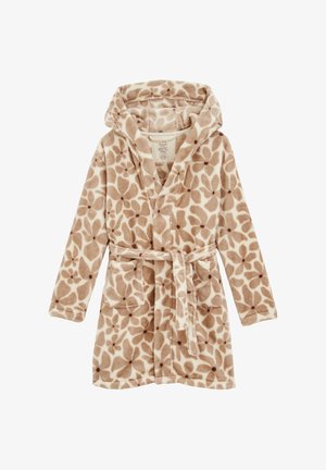 Fleece-Bademantel mit Kapuze, mit floralem Muster in Beige und Creme, einem Bindegürtel und zwei vorderen Taschen. Weiche Textur.