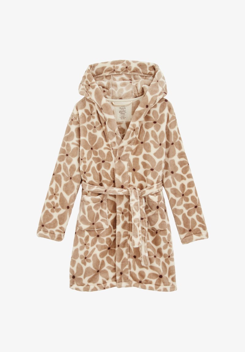 Fliisist rätik koos kapuutsiga, lillemustriga beež ja kreem, sidumisrihm ja kaks esist pocketit. Pehme tekstuur.