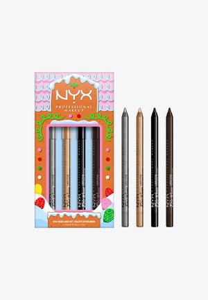 Kit di eyeliner NYX Professional Makeup Epic Wear con quattro matite eyeliner in argento, oro, nero e marrone scuro, in un packaging festivo a tema pan di zenzero.