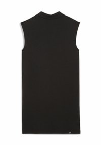 Robe noire sans manches avec col. Présente un tissu texturé et descend jusqu'aux genoux. Comprend un petit logo à l'ourlet.