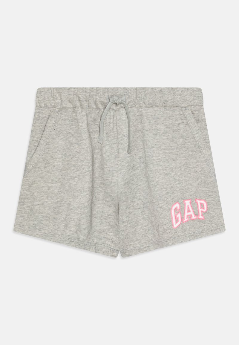 Bermudas cinzas de algodão com um cós elástico, cordão, bolsos laterais e um logótipo "GAP" bordado em rosa do lado direito.