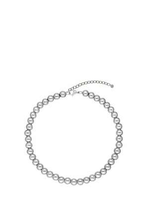 Silver beaded necklace with round beads and an adjustable chain clasp on a white background.