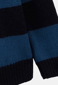 Pull rayé présentant des couleurs bleu foncé, bleu clair et noir. Texture douce avec des poignets côtelés et un design en tricot confortable.