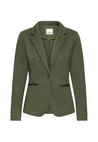 Blazer verde oliva realizzato in tessuto testurizzato, con rever a punta, chiusura a bottone e due tasche frontali con bordi a contrasto.