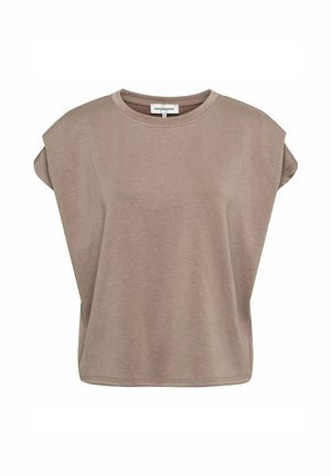 Taupe mouwloze top met ronde hals, brede schouders en een relaxte pasvorm, met het label "Andc Woman" in maat medium.
