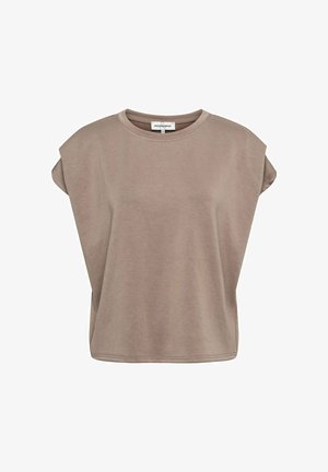 Taupe mouwloze top met ronde hals, brede schouders en een relaxte pasvorm, met het label "Andc Woman" in maat medium.