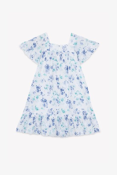Cvijetna haljina sa kvadratnim dekolteom, kratkim volanastim rukavima i višeslojnim volanastim rubom. Ima svijetloplavi i bijeli cvjetni uzorak na prozirnom materijalu.