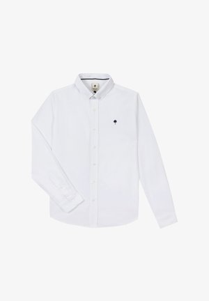 Chemise blanche à manches longues avec boutons, col boutonné et petit logo sombre en forme d'arbre sur la poitrine gauche.