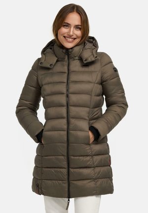 Olive green puffer jacket with a hood, featuring quilted sections, a front zipper, and side pockets. Material appears smooth and water-resistant.