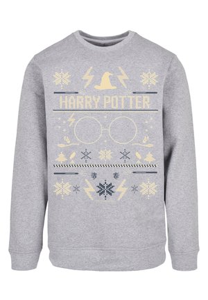 Šedá mikina s pleteným dizajnom, na ktorej sú nápisy "HARRY POTTER", okuliare, blesky a snehové vločky v krémovej a námornej farbe.