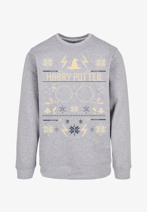 Szürke kapucnis pulóver kötött stílusú mintával, rajta a "HARRY POTTER" felirat, szemüveg, villámcsapások és hópelyhek krémszínű és tengerészkék árnyalatban.