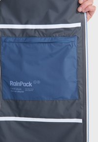 RainPack rain jacket featuring a navy blue pocket, water-resistant fabric, white accent stripes, and logo detail. Compact design for portability.