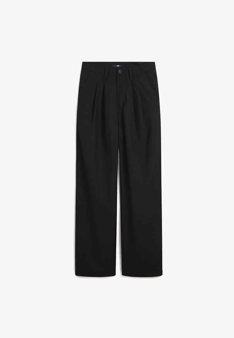 Pantalon large noir à taille plate, deux poches latérales et fermeture à bouton. Confectionné dans un tissu lisse, offrant une coupe décontractée.