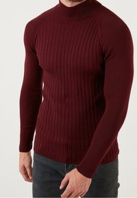 Burgunder roter Langarm-Rippstrickpullover mit hohem Kragen und figurbetonter Passform, aus flexiblem Strickmaterial gefertigt. Mit subtiler Textur und Struktur.