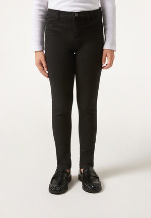 Jean skinny noir à taille haute, confectionné en denim, avec un design classique à cinq poches et une fermeture à bouton. Texture lisse.