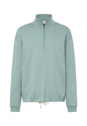 Lichtblauwgroene pullover met lange mouwen, kwartritssluiting, hoge kraag, geribbelde manchetten en verstelbare zoom met trekkoord.
