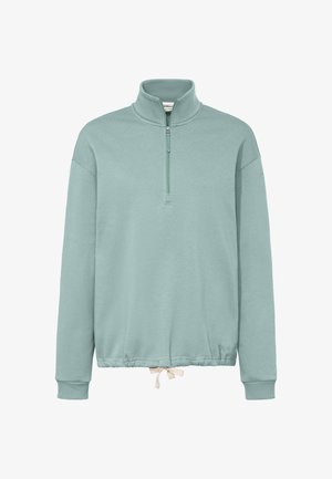 Lichtblauwgroene pullover met lange mouwen, kwartritssluiting, hoge kraag, geribbelde manchetten en verstelbare zoom met trekkoord.