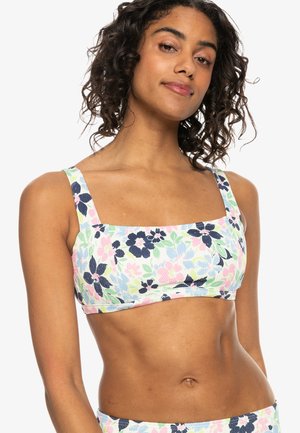 Bloemige bikini top in pastelkleuren met een vierkante halslijn en brede bandjes. Beschikt over een textuurstof met een kleurrijk bloemenpatroon.