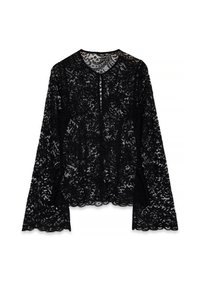 Black lace blouse with long sleeves, featuring a floral pattern and scalloped hem. Button closure at the neck. Lightweight and semi-transparent.