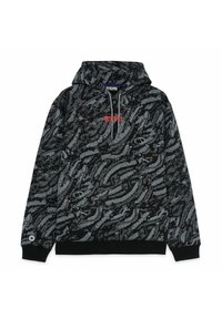 Sudadera con capucha negra que presenta un patrón de tentáculos de pulpo en remolino en gris, con texto rojo "OCTOPUS" en el pecho. Cordones en la capucha.