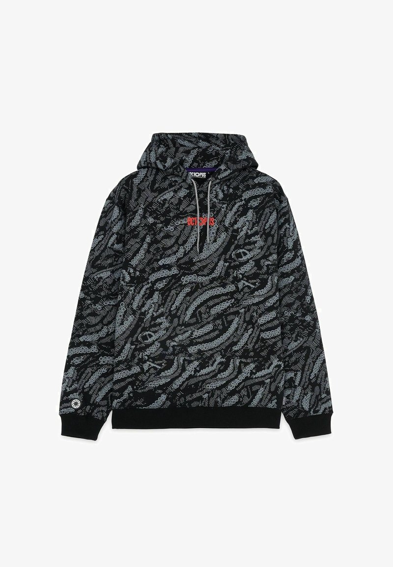 Sudadera con capucha negra que presenta un patrón de tentáculos de pulpo en remolino en gris, con texto rojo "OCTOPUS" en el pecho. Cordones en la capucha.
