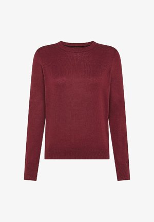 Maglione a maglia color bordeaux con scollatura rotonda, maniche lunghe e polsini e orlo a coste. Presenta una texture liscia e una silhouette aderente.