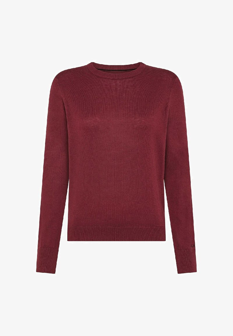 Maglione a maglia color bordeaux con scollatura rotonda, maniche lunghe e polsini e orlo a coste. Presenta una texture liscia e una silhouette aderente.