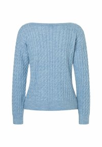 Hellblauer Kabelstrickpullover mit weitem Ausschnitt und langen Ärmeln. Verfügt über ein strukturiertes Muster und einen gerippten Saum an der Taille und den Bündchen.