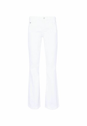 Pantalones blancos de tiro alto con un ligero acabado acampanado, cierre delantero con botón y cremallera, y bolsillos delanteros.