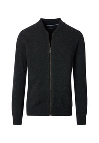 Dunkelgrauer Reißverschluss-Pullover mit geripptem Kragen und Bündchen, aus weichem Stoff gefertigt. Verfügt über einen Frontreißverschluss und Seitentaschen. Einfaches Design.